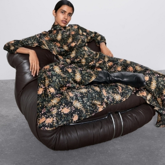 Zara Dresses & Skirts - Zara Blogger FAV Floral Midi Dress high mock neck full A-line skirt curved hem S
